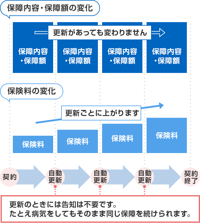 保障内容・保障額の変化 保障内容・保障額 更新があっても変わりません 保険料の変化 保険料 更新ごとに上がります 契約 → 自動更新 → 契約終了 更新のときには告知は不要です。たとえ病気をしていてもそのまま同じ保障を続けられます。