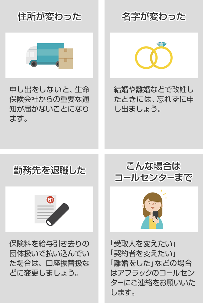 住所が変わった 申し出をしないと、生命保険会社からの重要な通知がと届かないことになります。 名字が変わった 結婚や離婚などで改姓したときには、忘れずに申し出ましょう。 勤務先を退職した 保険料を給与引き去りの団体扱いで払い込んでいた場合は、口座振替扱などに変更しましょう。 こんな場合はコールセンターまで 「受取人を変えたい」「契約者を変えたい」「離婚をした」などの場合はアフラックのコールセンターにご連絡をお願いいたします。