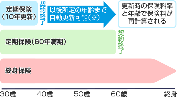 定期保険（10年更新・60歳満期）と終身保険の保険期間