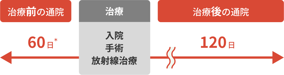 治療前の通院60日 治療（入院 手術 放射線治療） 治療後の通院120日