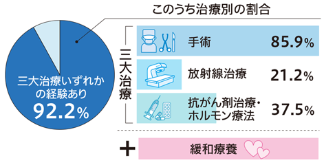 三大治療いずれかの経験あり 92.2％ このうち治療別の割合 三大治療 手術 85.9％ 放射線治療 21.2％ 抗がん剤治療・ホルモン療法 37.5％ プラス緩和療養