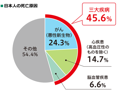 日本人の死亡原因 がん（悪性新生物） 24.3％ 心疾患（高血圧性のものを除く） 14.7％ 脳血管疾患 6.6％ その他 54.4％ 三大疾病 45.6％