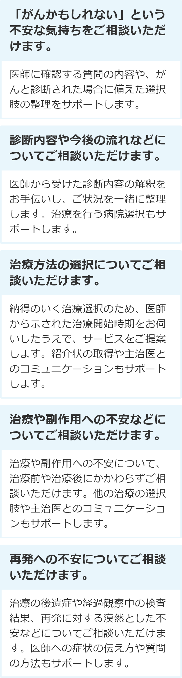 「がんかもしれない」という不安な気持ちをご相談いただけます。 医師に確認する質問の内容や、がんと診断された場合に備えた選択肢の整理をサポートします。 診断内容や今後の流れなどについてご相談いただけます。 医師から受けた診断内容の解釈をお手伝いし、ご状況を一緒に整理します。治療を行う病院選択もサポートします。 治療方法の選択についてご相談いただけます。 納得のいく治療選択のため、医師から示された治療開始時期をお伺いしたうえで、サービスをご提案します。紹介状の取得や主治医とのコミュニケーションもサポートします。 治療や副作用への不安などについてご相談いただけます。 治療や副作用への不安について、治療前や治療後にかかわらずご相談いただけます。他の治療の選択肢や主治医とのコミュニケーションもサポートします。 再発への不安についてご相談いただけます。 治療の後遺症や経過観察中の検査結果、再発に対する漠然とした不安などについてご相談いただけます。医師への症状の伝え方や質問の方法もサポートします。