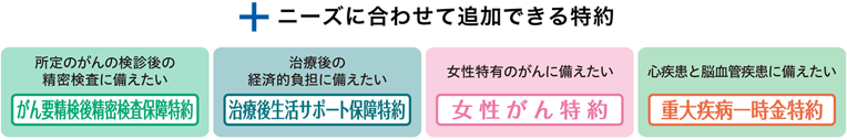 プラスニーズに合わせて追加できる特約 所定のがんの検診後の精密検査に備えたい がん要精検後精密検査保障特約 治療後の経済的負担に備えたい 治療後生活サポート保障特約 女性特有のがんに備えたい 女性がん特約 心疾患と脳血管疾患に備えたい 重大疾病一時金特約