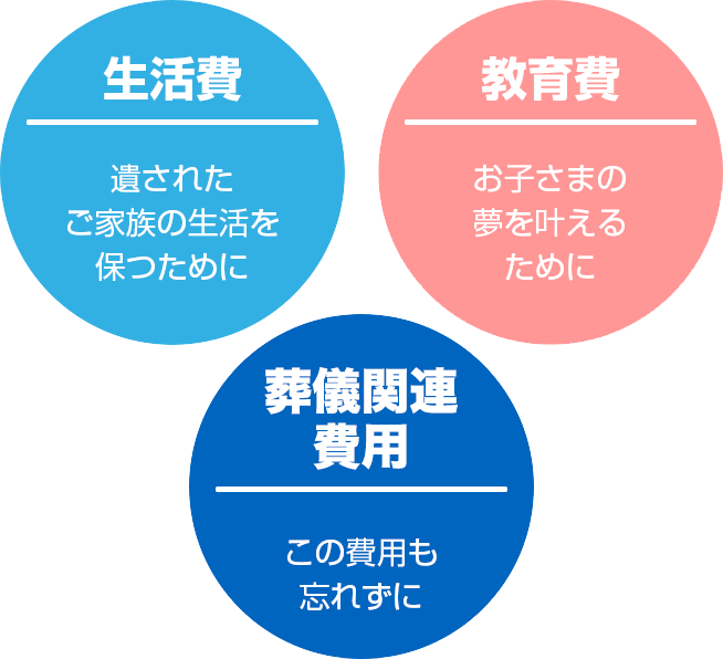 生活費 遺されたご家族の生活を保つために 教育費 お子さまの夢を叶えるために 葬儀関連費用 この費用も忘れずに