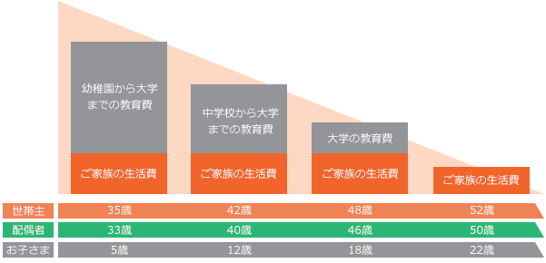 幼稚園から大学までの教育費 ご家族の生活費 中学から大学までの教育費 ご家族の生活費 大学の教育費 ご家族の生活費 ご家族の生活費 世帯主 35歳 42歳 48歳 52歳 配偶者 33歳 40歳 46歳 50歳 お子さま 5歳 12歳 18歳 22歳
