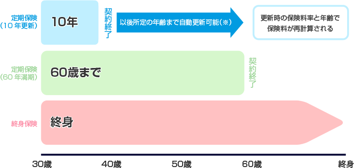 定期保険（10年更新） 10年 契約終了 以後所定の年齢まで自動更新可能（※） 更新時の保険料率と年齢で保険料が再計算される 定期保険（60年満期） 60歳まで 契約終了 終身保険 終身