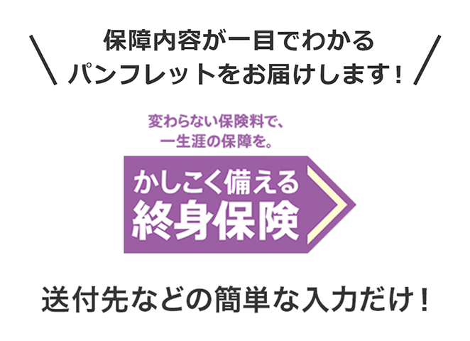 保障内容が一目でわかるパンフレットをお届けします！ 変わらない保険料で、一生涯の保障を。かしこく備える終身保険 送付先などの簡単な入力だけ！