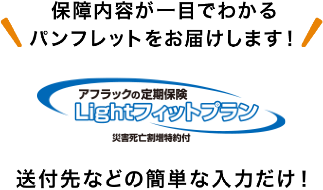 保障内容が一目でわかるパンフレットをお届けします！ アフラックの定期保険 Ｌｉｇｈｔフィットプラン 送付先などの簡単な入力だけ！