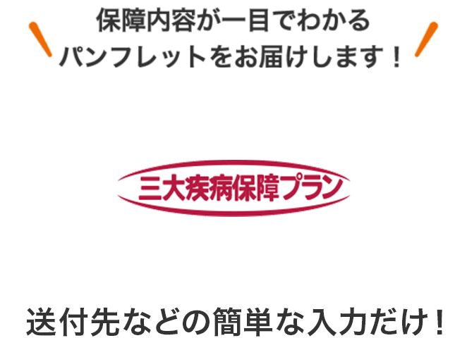 保障内容が一目でわかるパンフレットをお届けします！ 三大疾病保障プラン 送付先などの簡単な入力だけ！