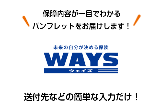 保障内容が一目でわかるパンフレットをお届けします！ 未来の自分が決める保険 ＷＡＹＳ ウェイズ 送付先などの簡単な入力だけ！